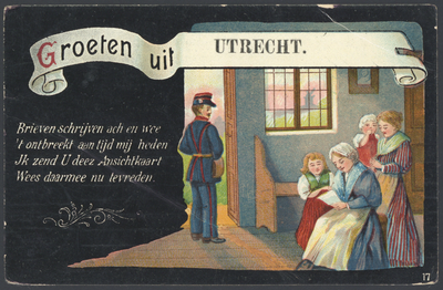 606112 Fantasiekaart met de afbeelding van een postbode die een brief heeft bezorgd bij een familie, met de tekst ...